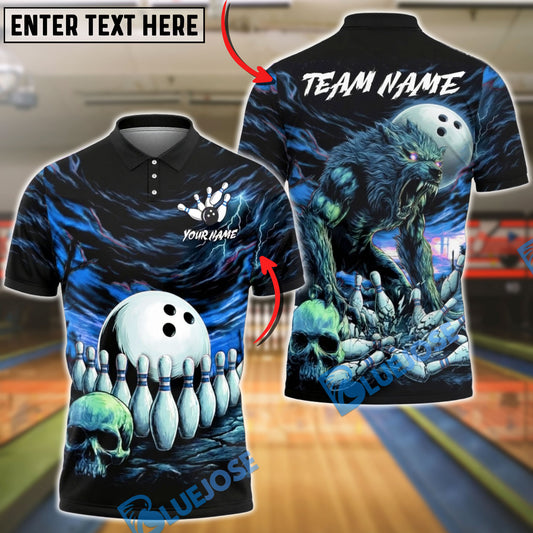 BlueJose Bowling & Pins Dark Wolf Storm Artwork Customized Name, Team Name 3D Shirt (4 Colors)