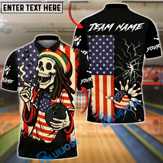 BlueJose Bowling USA Patriotic Rasta Skull Street Art Style Personalized Name, Team Name 3D Shirt