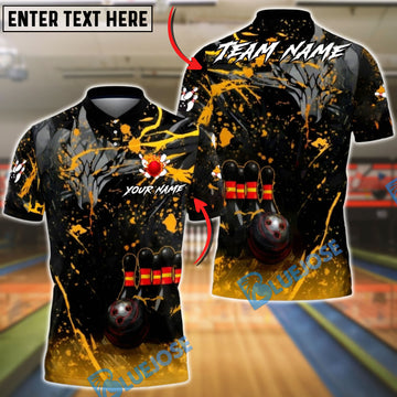 BlueJose Bowling & Pins Black Gold Flame Splash League Style Customized Name, Team Name 3D Shirt (6 Colors)