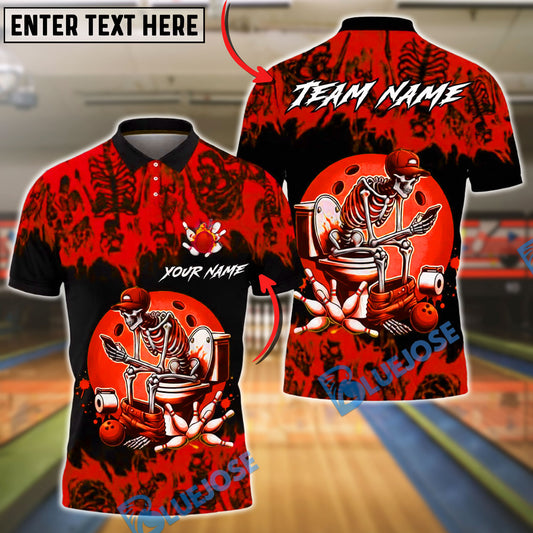 BlueJose Bowling & Pins Funny Skeleton Toilet Humor Art Customized Name, Team Name 3D Shirt (4 Colors)