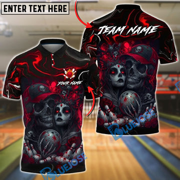 BlueJose Bowling & Pins Bloody Skull Couple Horror Art Customized Name, Team Name 3D Shirt (4 Colors)