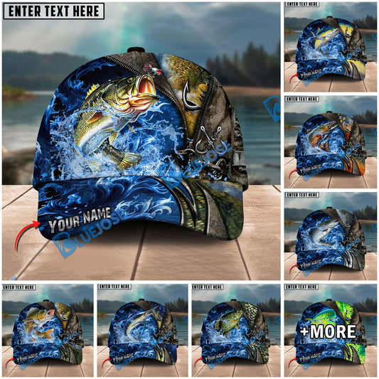 BlueJose Fishing Ocean Wave Hook Zipper Style Personalized Name Classic 3D Cap Personalized Cap (13 Breeds)
