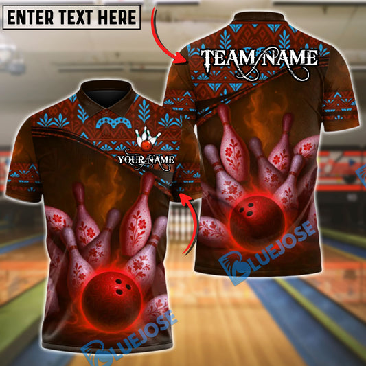 BlueJose Bowling And Pins Ethnic Pattern Customized Name, Team Name 3D Shirt (4 Colors)