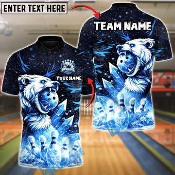 BlueJose Bowling And Pins Crystal Polar Bear Customized Name, Team Name 3D Shirt (4 Colors)