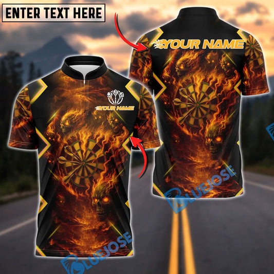 BlueJose Darts Flame Skull With Dartboard Design 2 Customized Name, Team Name 3D Shirt (4 Colors)