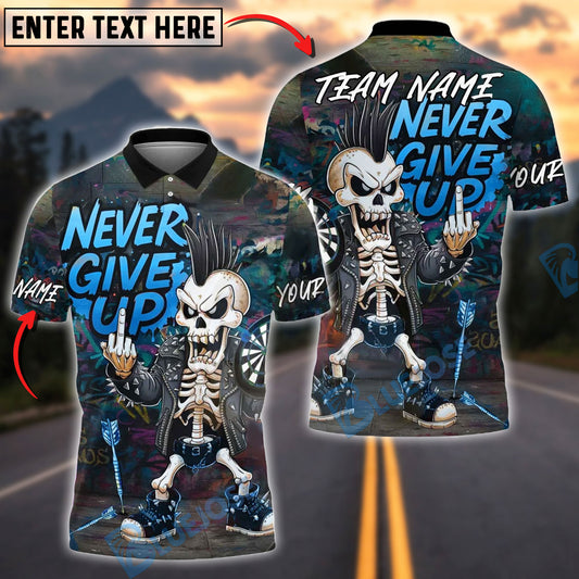 BlueJose Darts Never Give Up Punk Skeleton Customized Name, Team Name 3D Shirt (4 Colors)