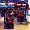 BlueJose Bowling And Pins Neon Graffiti Teddy Bear Design Customized Name, Team Name 3D Shirt (4 Colors)