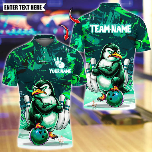 BlueJose Bowling And Pins Grumpy Penguin Customized Name, Team Name 3D Shirt (4 Colors)