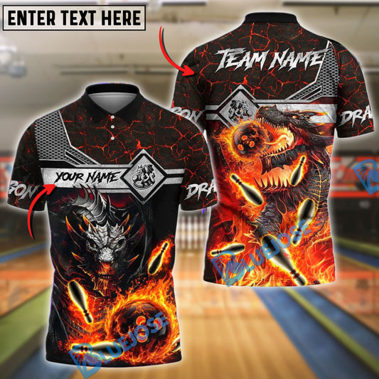 BlueJose Bowling Ball & Pins Fire Dragon Customized Name, Team Name 3D Shirt (4 Colors)
