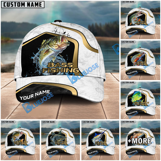 BlueJose Fishing White Marble & Gold Trim Splash Heartbeat Line Personalized Cap (13 Breeds)