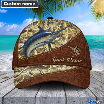 BlueJose Personalized Blue Marlin Fishing Leather Pattern Cap