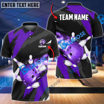 BlueJose Bowling And Pins Flaming Throw Customized Name 3D Shirt - Purple